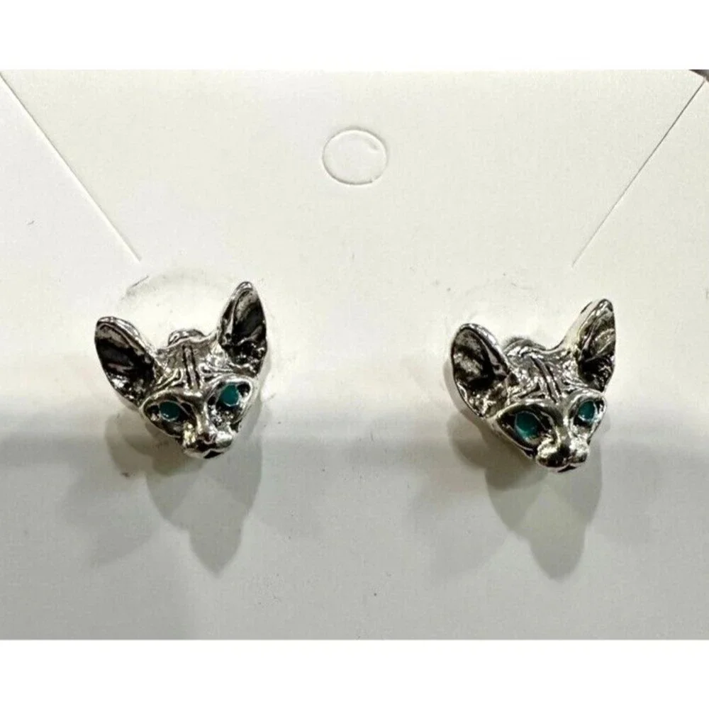 Cat Womens Earrings Silver Post Green Eyes Hairless Cats Kitten Heads NEW